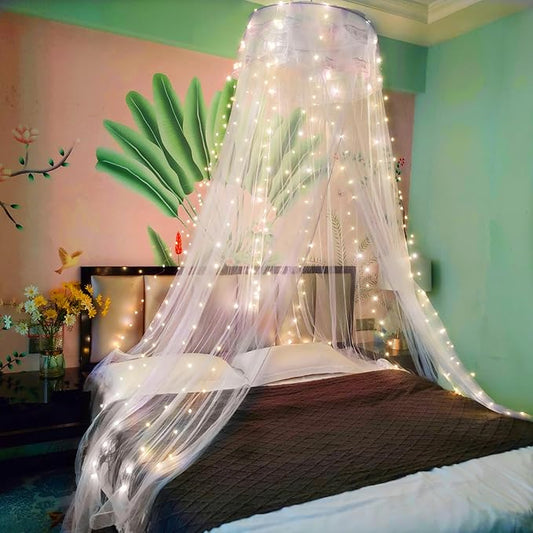 Eimilaly Lace Bed Canopy Mosquito Netting with Warm Lights, Princess Bed Canopy for Girls Room Decor, White/Single Door