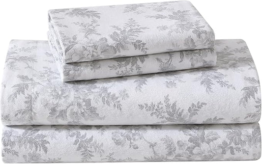 Laura Ashley - Flannel Sheets King Size, Anti-Pilling & Wrinkle Resistant Cotton, Touchably Soft for All-Season Comfort - Bed Sheets with Matching Pillowcases & Fitted Sheet (Vanessa Grey)