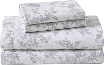 Laura Ashley - Flannel Sheets Full Size, Anti-Pilling & Wrinkle Resistant Cotton, Touchably Soft for All-Season Comfort - Bed Sheets with Matching Pillowcases & Fitted Sheet (Vanessa Grey)