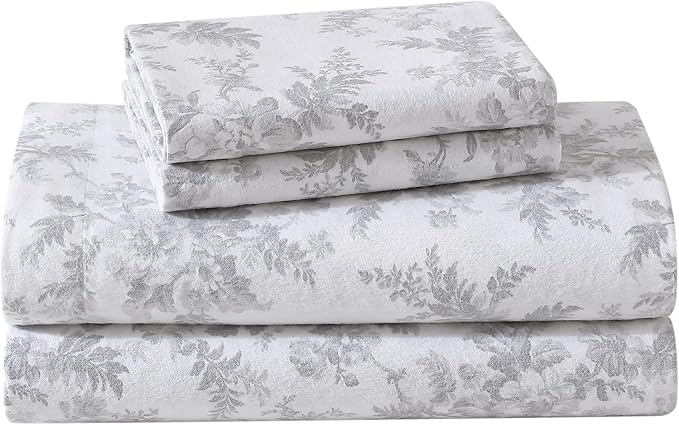 Laura Ashley - Flannel Sheets Queen Size, Anti-Pilling & Wrinkle Resistant Cotton, Touchably Soft for All-Season Comfort - Bed Sheets with Matching Pillowcases & Fitted Sheet (Vanessa Grey)