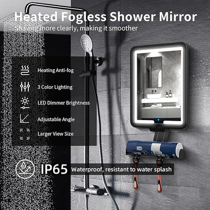 Lighted Shower Mirror Fogless for Shaving, Heated Fog Free Large 9.5*7inch 3 Color Modes Dimming Shower Shaving Mirror with Light, Rechargeable Anti-Fog Shower Mirror with Storage Tray & Razor Holders