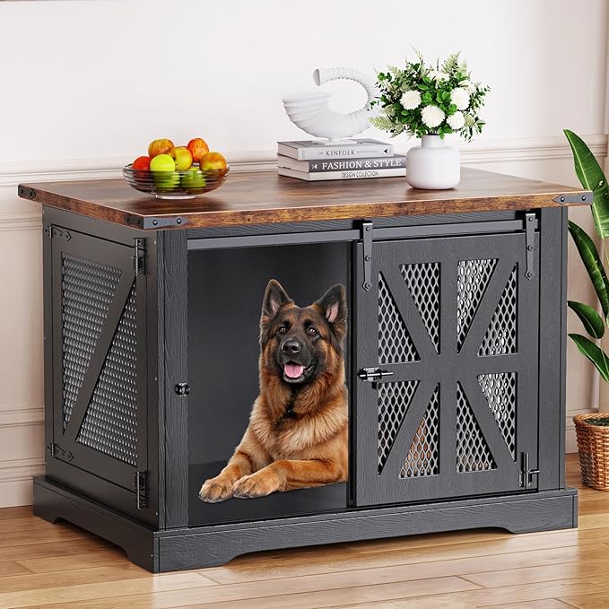 VOPEAK 43.3" XL Dog Crate Furniture, Chew Resistant Dog Crate for Medium Large Dogs, Heavy Duty Extra Large Dog Crate Dog Kennel Indoor with Double Doors, Wooden End Table for Living Room, Black-Mewly Pet