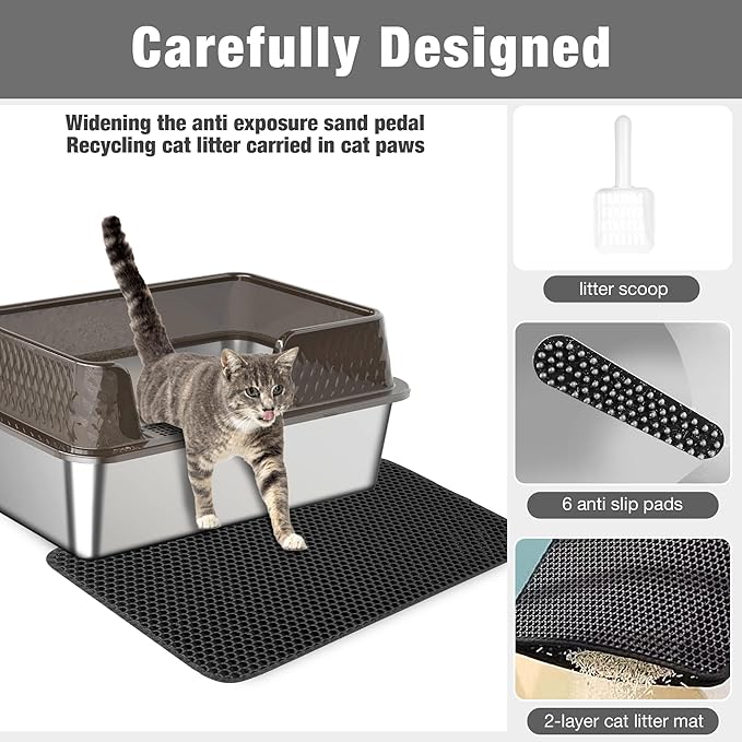 Suhaco Stainless Steel Litter Box Side Entry, Kitty Black Litter Mat and White Scoop Included Covered Metal High Sided Large Cat Litter Box with Lid Removable Enclosure for Medium Cats (Black)-Mewly Pet