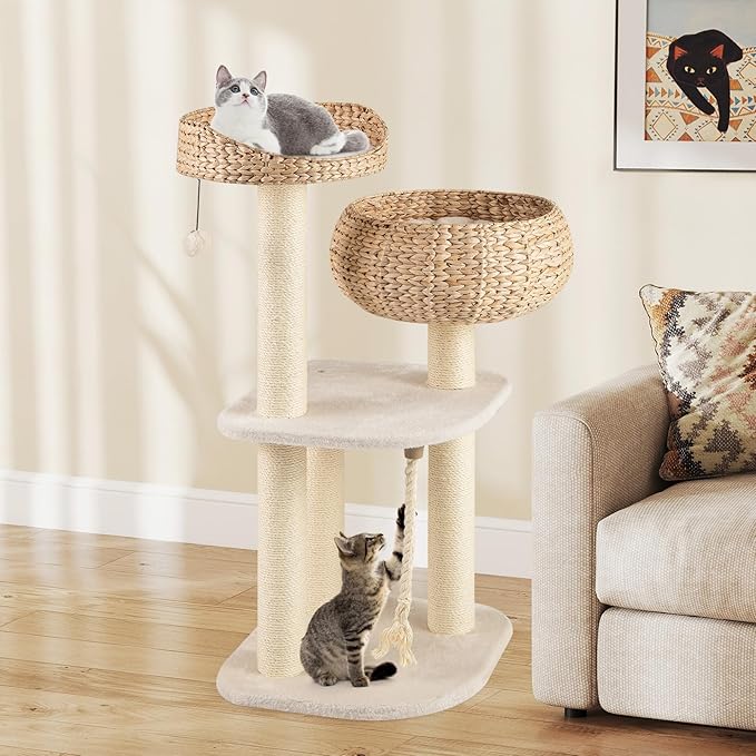 Tangkula Modern Cat Tree, Tall Cat Tower with Natural Sisal Scratching Post, Hand-Made Wicker Cat Condo & Top Perch, Funny Hanging Toy Ball, Cute Cat Tree Tower for Indoor Cats-Mewly Pet