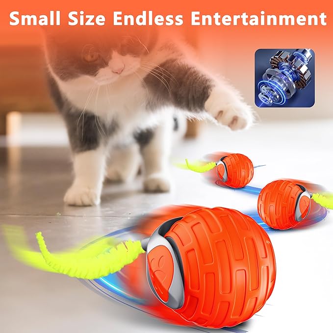 Cat Toys,Interactive Cat Toys Ball for Bored Indoor Cat,Automatic Rolling,Drop Resistant and Obstacle Avoidance,2 Modes Adjustment,Fluffy Tail and USB Type-C Rechargeable（Orange）-Mewly Pet