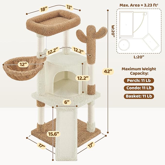 Yaheetech Cactus Cat Tree, 42in Cat Tower for Indoor Cats, Multi Level Kitten Condo Scratching Post, Pet Activity Center Furniture w/Ball, Plush Perch, Platform, Basket, Beige/Brown-Mewly Pet