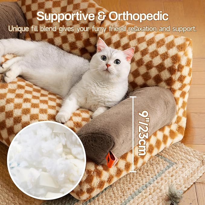 MEWOOFUN Cat Bed for Indoor Cats, Washable Dog Beds for Small Medium Dogs & Cats, Fluffy Cat Couch with Non-Slip Bottom, 26×19×13 Inch (Brown, 26.0" L x 19.0" W x 13.0" Th)-Mewly Pet