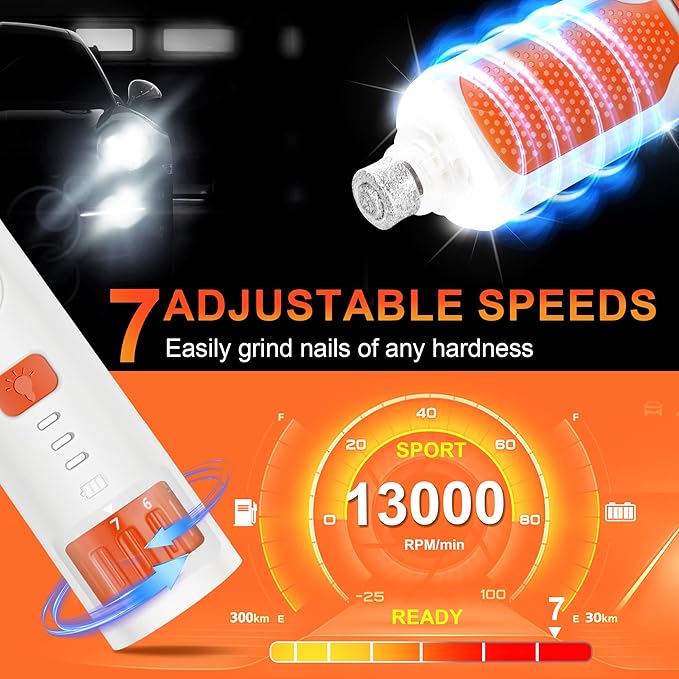 Dog Nail Grinder 7-Speed & 360° LED Light, Professional Pet Nail Grinder for Dogs and Cats, Electric Dog Nail Trimmer Painless Paws Grooming & Smoothing Tool for Large Medium Small Dogs Cats Pets-Mewly Pet