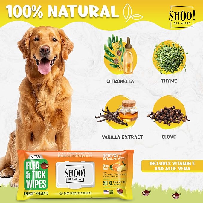 Shoo! Flea & Tick Wipes for Dogs | Convenient, Easy On-The-Go Protection | Plant Based, Natural Oils, Chemical Free | Repels & Prevents | 50 XL Wipes | (Citrus Burst)-Mewly Pet