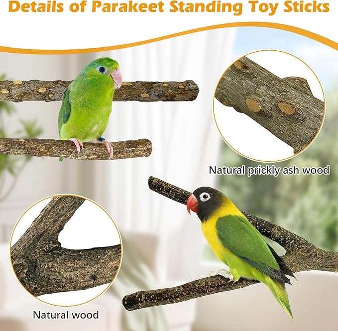 kathson 8 PCS Natural Bird Wood Perch Parakeet Standing Toy Sticks Parrot Paw Grinding Branches Cockatiels Cage Chewable Accessories for Conures Macaws Finches-Mewly Pet