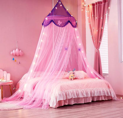 Bed Canopy with Lights,Bed Canopy for Girls Canopy Bed Curtains Girls Bedroom Decor for Twin to King Size Bed (Purple and Pink)
