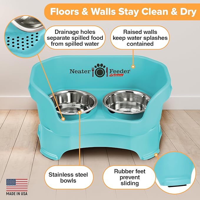 Neater Pet Brands Neater Feeder Deluxe Mess Proof Dog Bowls Elevated for Medium Dogs 19-40 lbs, Made in USA, No Spill Raised Dog Food Bowl Stand Feeding Station, Food and Water Bowl Set, Aquamarine-Mewly Pet