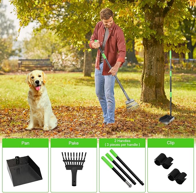 Non-Breakable Pooper Scooper, Dog Pooper Scooper Tray & Rake Set with Adjustable Stainless Steel Long Handle for Large Medium Small Dogs (Green)-Mewly Pet