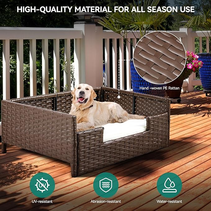 YITAHOME Rattan Dog Sofa Bed with Cushion,Wicker Pet Bed Sofa Couch Indoor Outdoor Waterproof for Large Medium Small Dogs Cats (38.6''L*26.4''W*15''H,Beige)-Mewly Pet