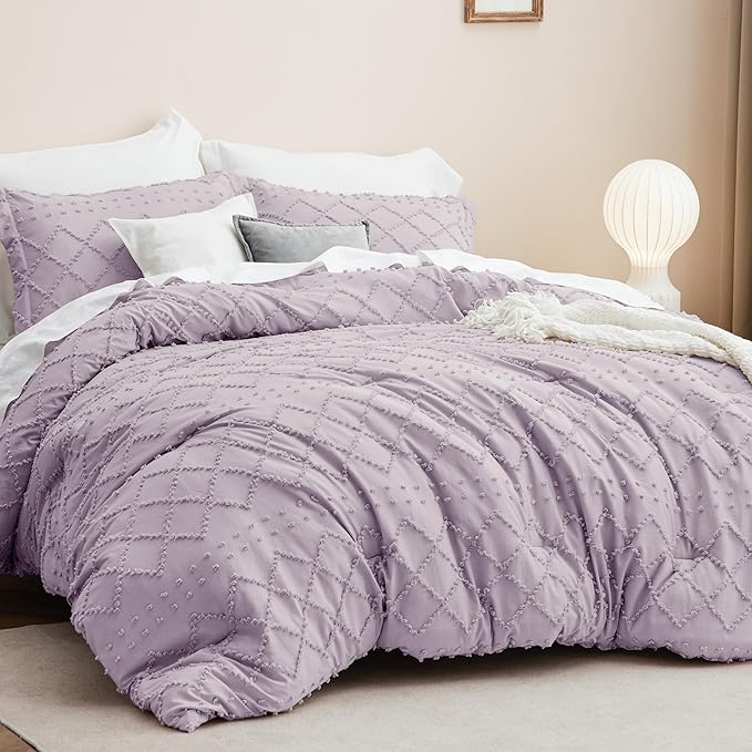 Bedsure Twin Comforter Set - Lavender Comforter, Boho Tufted Shabby Chic Bedding for Kids, 2 Pieces Vintage Farmhouse Bed Set for All Seasons, Fluffy Soft Bedding with 1 Pillow Sham