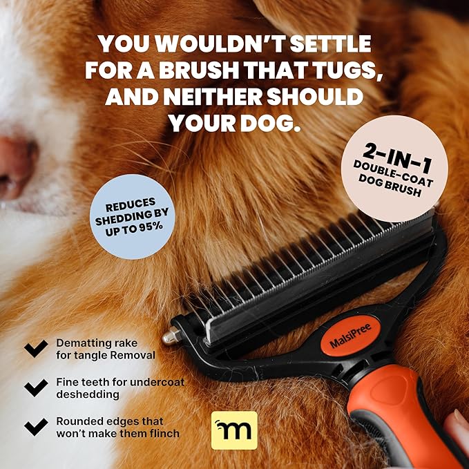 MalsiPree Dog Brush for Shedding - 2 in 1 Undercoat Rake Deshedding Tool for Medium to Large Double-Coated Dog Grooming - Pet Dematting Comb - Pet Deshedder (Orange) - Deshedding Brush-Mewly Pet