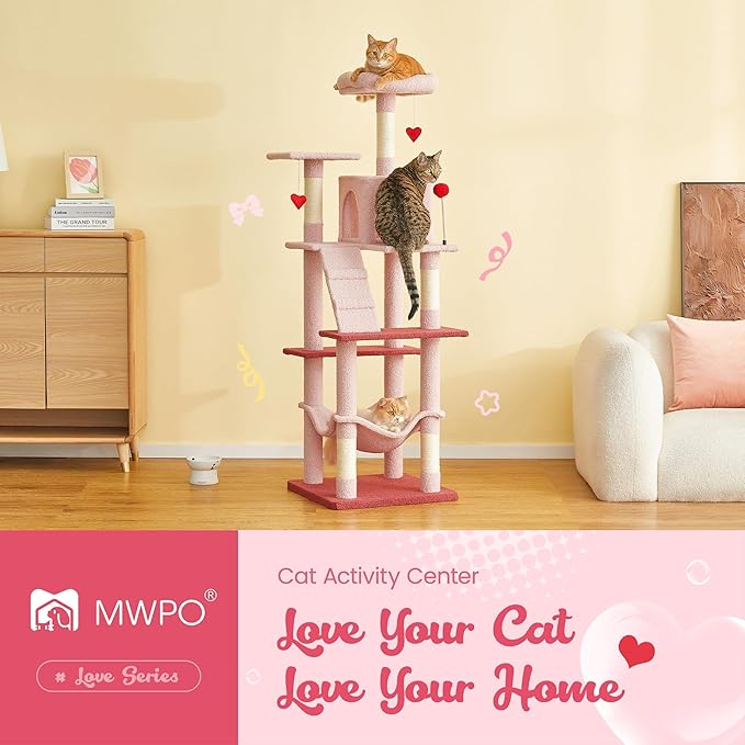 MWPO Cute Cat Tree, 63.8-Inch Pink Cat Tower for Indoor Cats, Multi-Level Cat Condo with 5 Scratching Posts, 2 Perches, Hammock, Dangling Toys-Mewly Pet
