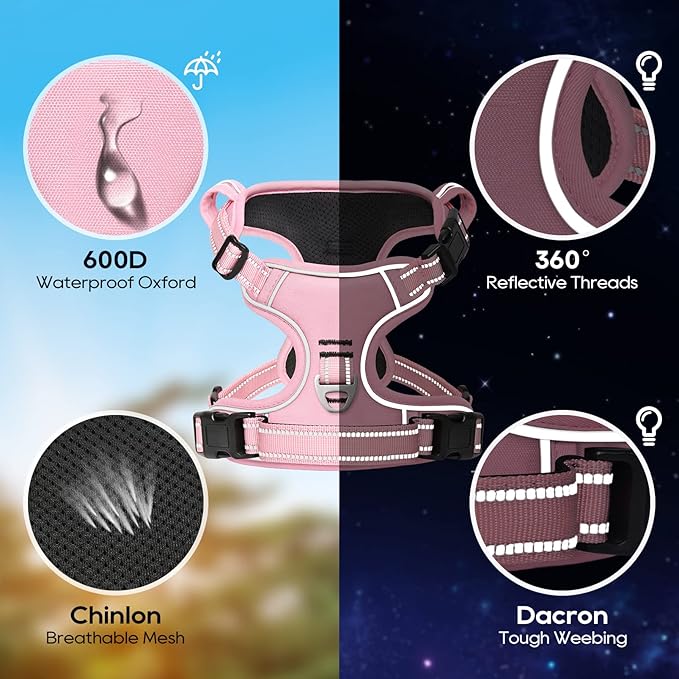 Timos Dog Harness, 3 Snap Buckles No-Pull Soft Padded Dog Vest with 2 Metal Leash Clips, Adjustable Reflective No Choke Pet Harness with Easy Control Handle for Medium Dogs,Pale Pink,M-Mewly Pet