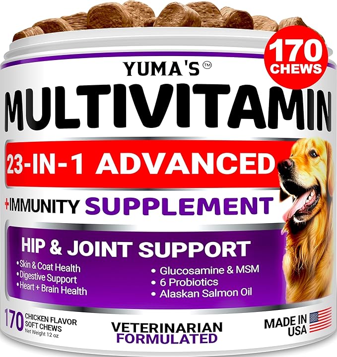 Dog Multivitamin Chewable with Glucosamine - Dog Vitamins and Supplements - 170 Treats - Senior & Puppy Multivitamin for Dogs - Hip & Joint Support - Immune Health, Skin, Heart, Digestion, Probiotics-Mewly Pet