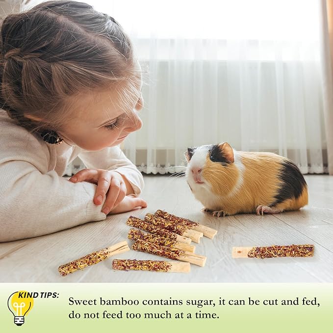 Abizoo Natural Rabbit Chew Toys,10 Sticks Sweet Bamboo Sticks for Rabbits with Petals,Bunny Chew Toys for Guinea Pig,Chinchilla,Hamster Treats Pet Wood Chews Snack Healthy Small Animals Toys for Teeth-Mewly Pet