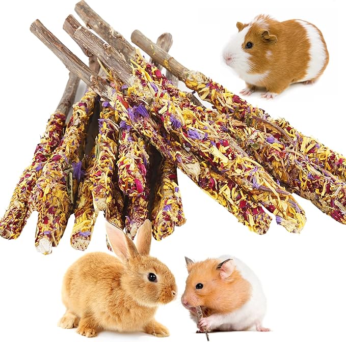 Abizoo Bunny Chew Toys for Rabbits,18PCS Natural Apple Wood Sticks with Petals Good for Chinchillas Guinea Pig Hamster Teeth Care, Bunny Small Pet Treats Teething Toys| Natural Organic Safe-Mewly Pet