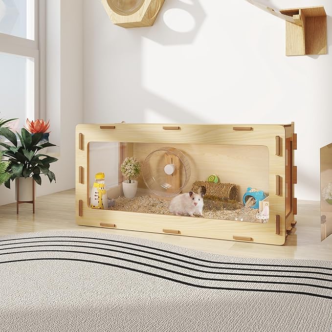 COZIWOW Wooden Hamster Cage Chewproof, Bigger World - 32" Large Hamster Cages and Habitats, Openable Top & 3 Side Acrylic Sheets, Small Animal Cage Pet House for Syrian Dwarf Guinea Pig Chinchilla-Mewly Pet