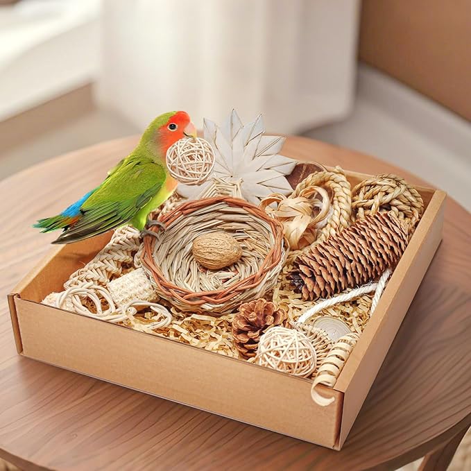 Natural Bird Foraging & Shredding Toys Box - Handmade Rattan Chewing Toys for Parakeets, Cockatiels, Conures, Lovebirds & Small to Medium Birds-Mewly Pet