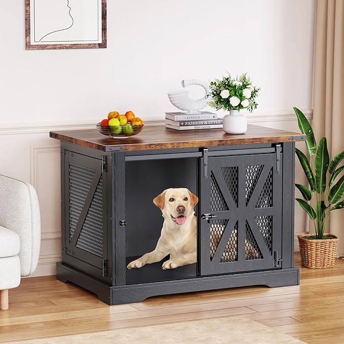 VOPEAK 40" Farmhouse Dog Crate Furniture, Heavy Duty Dog Cage for Medium Large Dogs, Dog Crate Dog Kennel Indoor with Double Doors, Chew Resistant End Table for Bedroom Living Room, Black-Mewly Pet