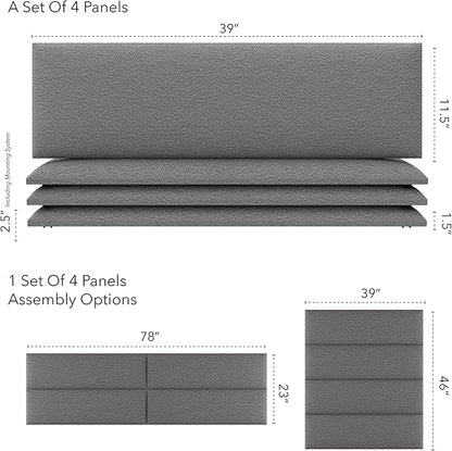 Vänt Upholstered Wall Panels - King/Cal King Size Wall Mounted Headboards - Boucle Grey - Twin/King - Set of 4 Panels (Each Individual Panel 39"x11.5")