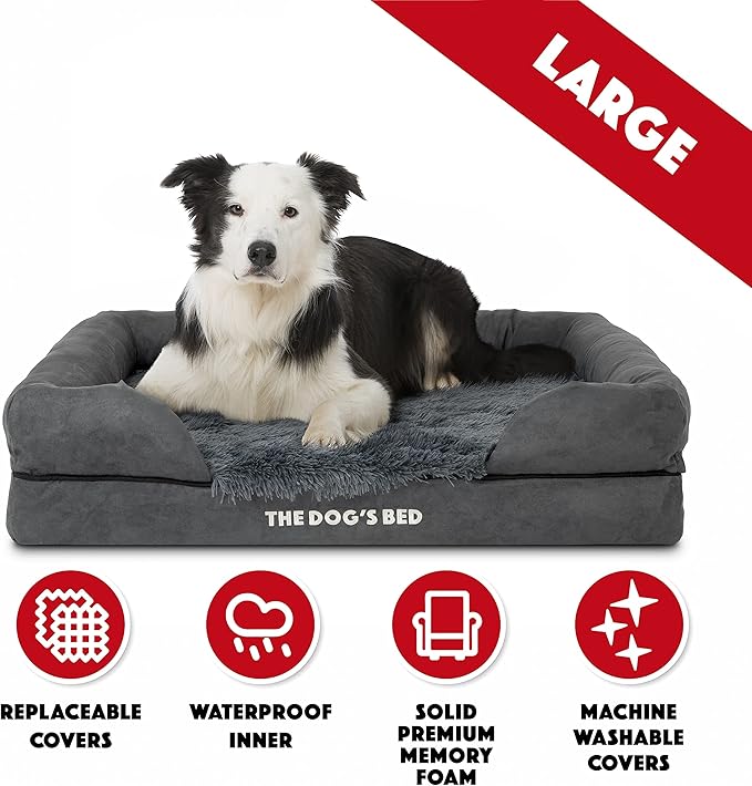 The Dog’s Bed, Large Grey Fur, Memory Foam, Pain Relief: Arthritis, Hip & Elbow Dysplasia, Post Surgery, Lameness, Supportive, Calming, Waterproof Washable Cover, Veterinary Approved-Mewly Pet