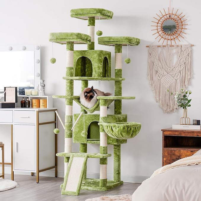 Hey-brother Cat Tree, 71 inches XL Large Cat Tower for Indoor Cats, Multi-Level Cat House with 3 Padded Perches, Big Scratcher, Cozy Basket, 2 Cat Condos and Scratching Posts, Green MPJ034GR-Mewly Pet