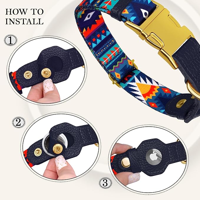 AirTag Dog Collar for Small Medium Large Breed - Adjustable Cute Pattern Dog Collar with Airtag Holder - Soft Leather Tracker GPS Apple Air Tag Pet Collars (X-Small, 9"-12" Neck Fit, Navajo)-Mewly Pet