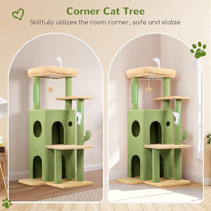 Globlazer Cactus Cat Tree Tower for Indoor Cats, 50-inch Adult Cat Tree House for Large Adult Cats with Steps, Scratching Post, 2 Cat Caves, Dangling Toys, FC50, Green-Mewly Pet