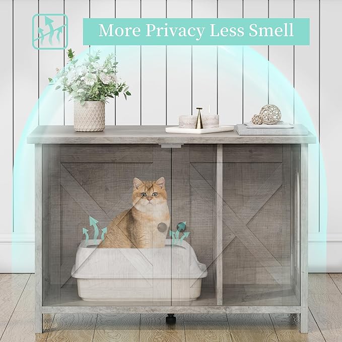 Vongrasig Cat Litter Box Enclosure,Litter Box Furniture Hidden with Barn Door,Wooden Cat Washroom Furniture,Cat House,End Table, Fit Most of Litter Box, Grey-Mewly Pet