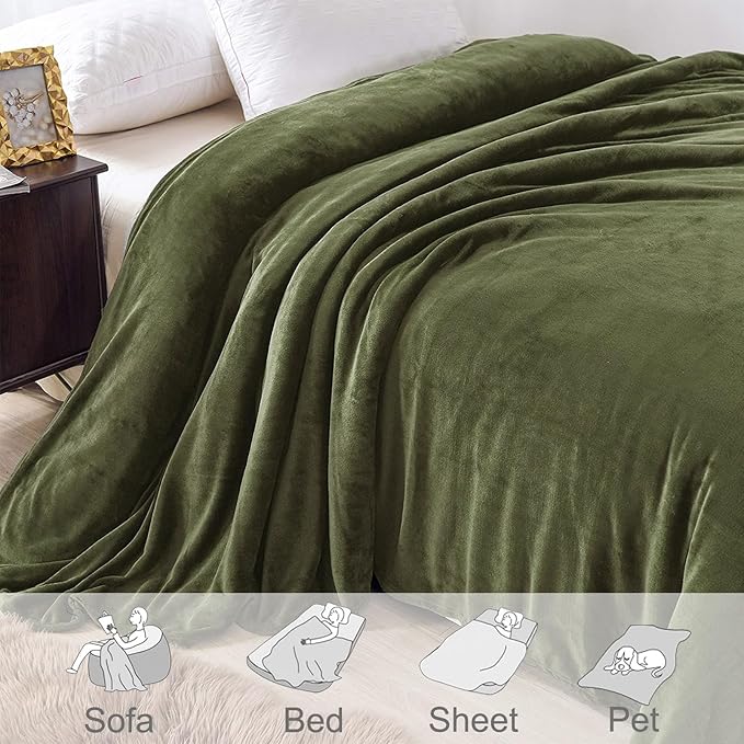 Exclusivo Mezcla Fleece Blanket Twin Size for Bed, Super Soft and Warm, All Season Use, Cozy, Plush, Lightweight, 90x66 Inches, Olive Green