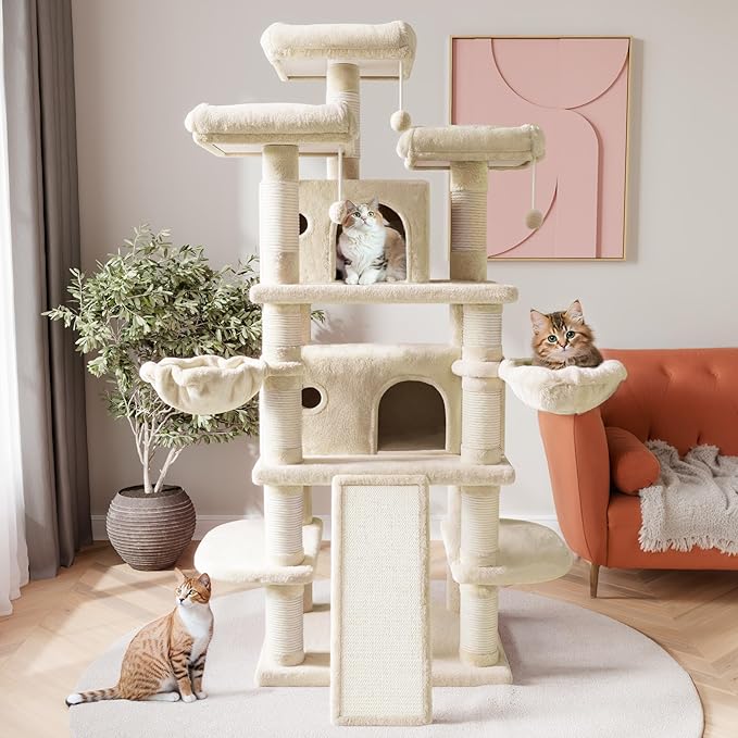 SHA CERLIN 68 Inches Multi-Level Large Cat Tree for Large Kitties/Big Cat Tower with Condo/Cozy Plush ‌Pussycat Perches/Sisal Scratching Posts and Hammocks/Activity Center/Beige-Mewly Pet
