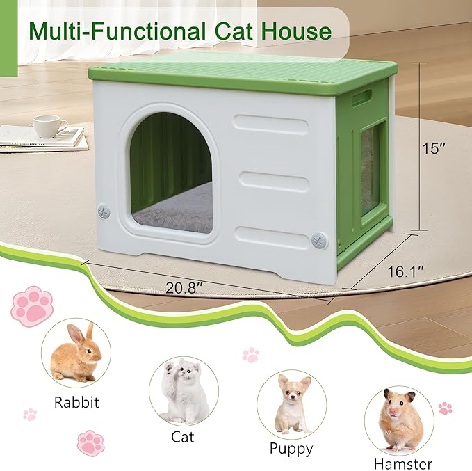 Rockever Plastic Cat House Outdoor with Escape Door, Waterproof Feral Cat House Outdoor Indoor, Sturdy Cat House for Outdoor Cats with Cat Bed Mat, Assemble Easily-Green-Mewly Pet