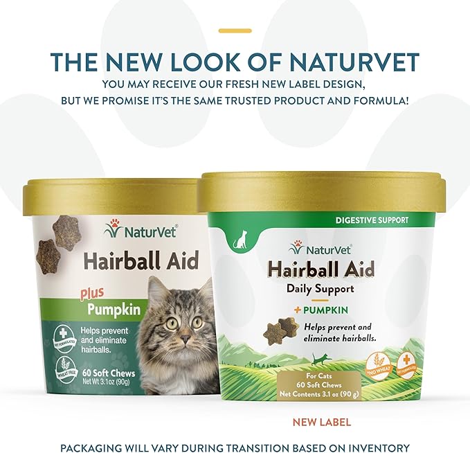 NaturVet – Hairball Aid Supplement for Cats - Plus Pumpkin – Helps Eliminate & Prevent Hairballs – 60 Soft Chews-Mewly Pet