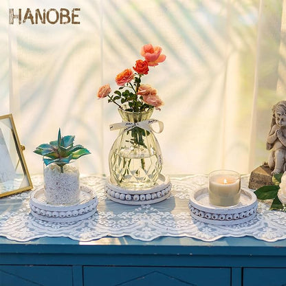 Hanobe Wood Plate Candle Holder: Small Candle Plate Set of 3 Decorative White Washed Beaded Holders Tray Round Candle Stick Holders Farmhouse Table Centerpiece for Fireplace Dining Room Home Decor