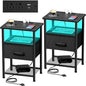 Nightstands Set of 2 with Charging Station and Drawer, End Table Bedside Table with 20 Colors LED Light Strip and 2 Layers Shelf for Bedroom Living Room Sofa Couch (Black)