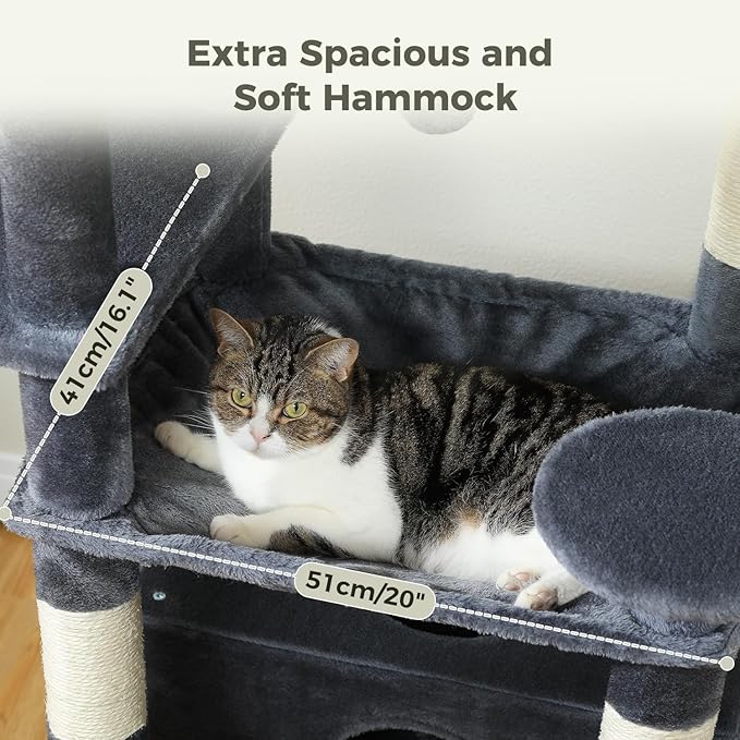 PAWZ Road Large Cat Tree, 72 Inches Cat Tower for Large Cats, Cat Condo with Sisal-Covered Scratching Posts and Pads, 2 Padded Perch, Dual Condo and Basket for Indoor Cats-Dark Gray-Mewly Pet