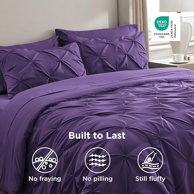 Bedsure California King Comforter Set Purple - Bed in a Bag Cal King Bedding Set 7 Pieces, GentleSoft™ Pintuck Bed Set Gift for Family, Pinch Pleat Purple Comforter with Sheets, Pillowcases & Shams