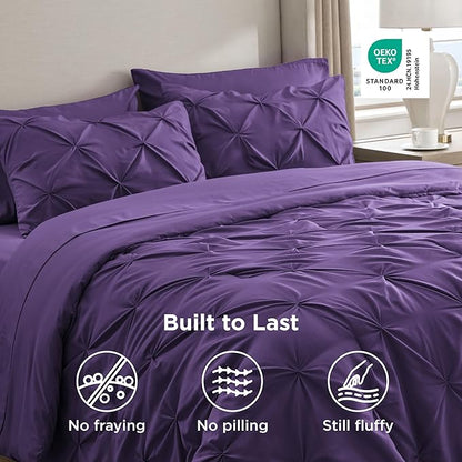 Bedsure California King Comforter Set Purple - Bed in a Bag Cal King Bedding Set 7 Pieces, GentleSoft™ Pintuck Bed Set Gift for Family, Pinch Pleat Purple Comforter with Sheets, Pillowcases & Shams