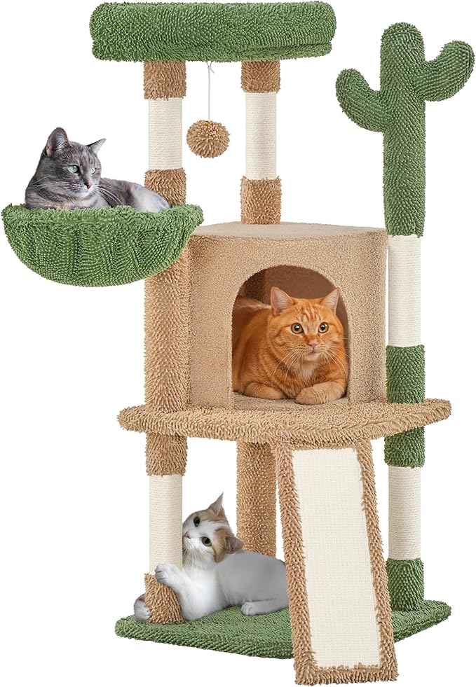Yaheetech Cactus Cat Tree, 42in Cat Tower for Indoor Cats, Multi Level Kitten Condo Scratching Post, Pet Activity Center Furniture w/Ball, Plush Perch, Platform, Basket, Brown/Green-Mewly Pet