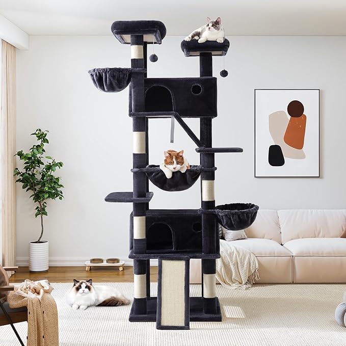 Allewie 81 Inches Tall Cat Tree/Multi-Level Large Climbing Tree House and Towers for Big Feline/Condo and Hammock/Scratching Post/Wide Base/Dark Grey-Mewly Pet