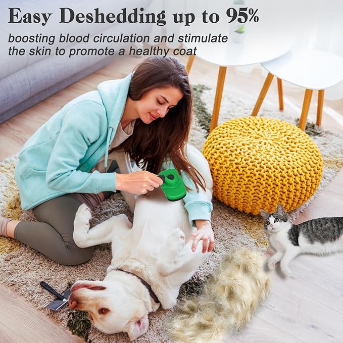 Self Cleaning Deshedding Brush for Dogs & Cats - Skin Friendly Grooming Tool with Hair Removal for Haired Pets, Green-Mewly Pet