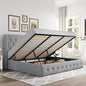 Allewie King Size Lift Up Storage Bed, Button Tufted Headboard with Wingback, Hydraulic Support, No Box Spring Needed, Light Grey