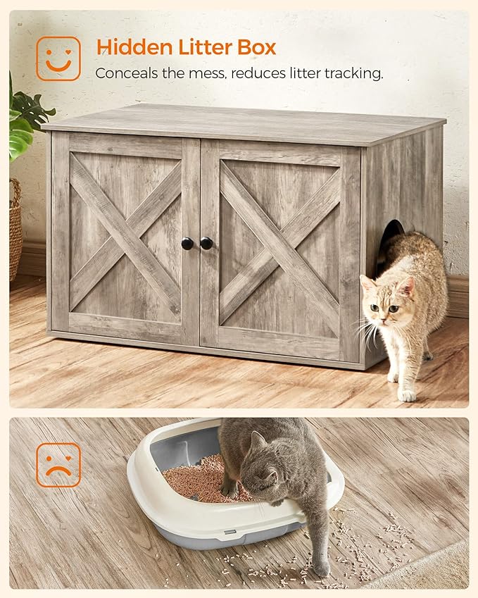 Feandrea Cat Litter Box Enclosure, Litter Box Furniture Hidden with Removable Divider, Indoor Cat House, End Table, 31.5 x 20.9 x 19.7 Inches, Greige UPCL002G01-Mewly Pet