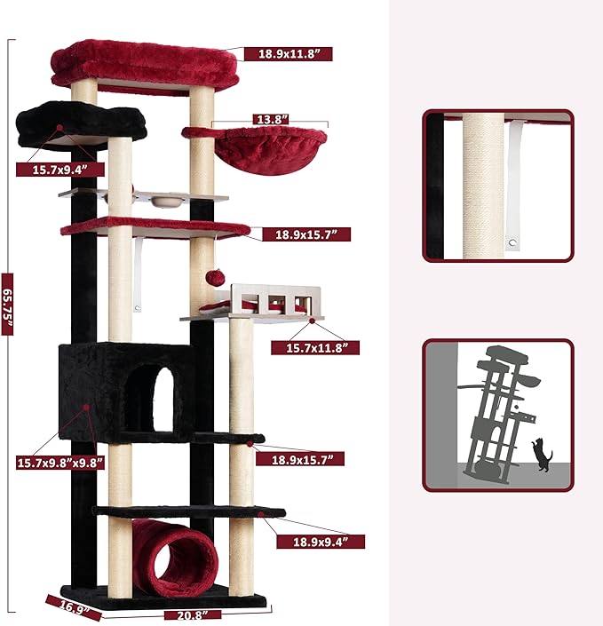 Cat Tree with Tunnel, Cat Tower for Indoor Cats, Tall Gothic Cat Tree Tower with Cat Condo, Food Station, Large Platform, Scratching Posts, Hammock, Black and Red GCT021BR-Mewly Pet