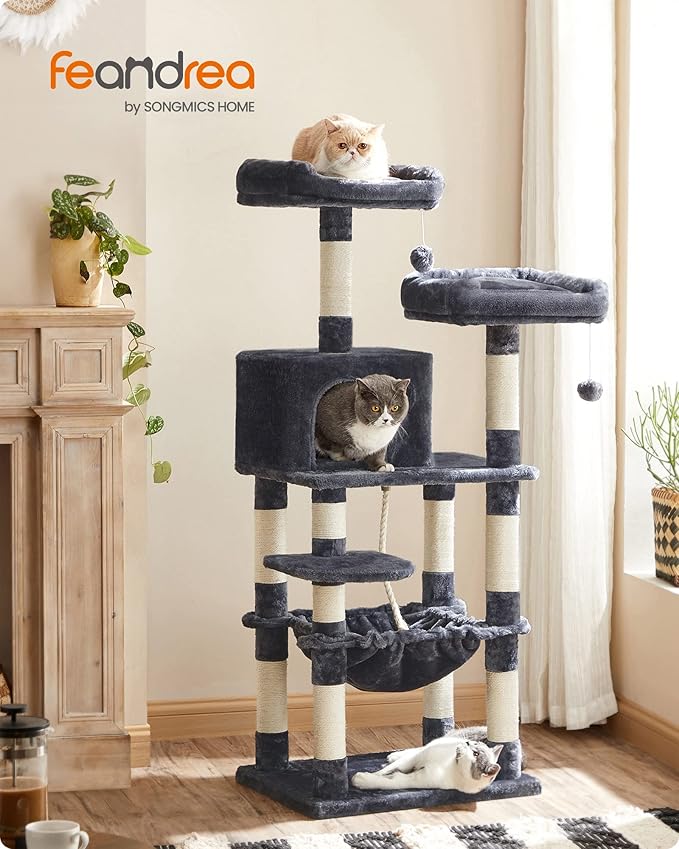 FEANDREA Cat Tree, Cat Tower for Indoor Cats, 56.3-Inch Cat Condo with Scratching Posts, Hammock, Plush Perch, Smoky Gray UPCT15GYZ-Mewly Pet